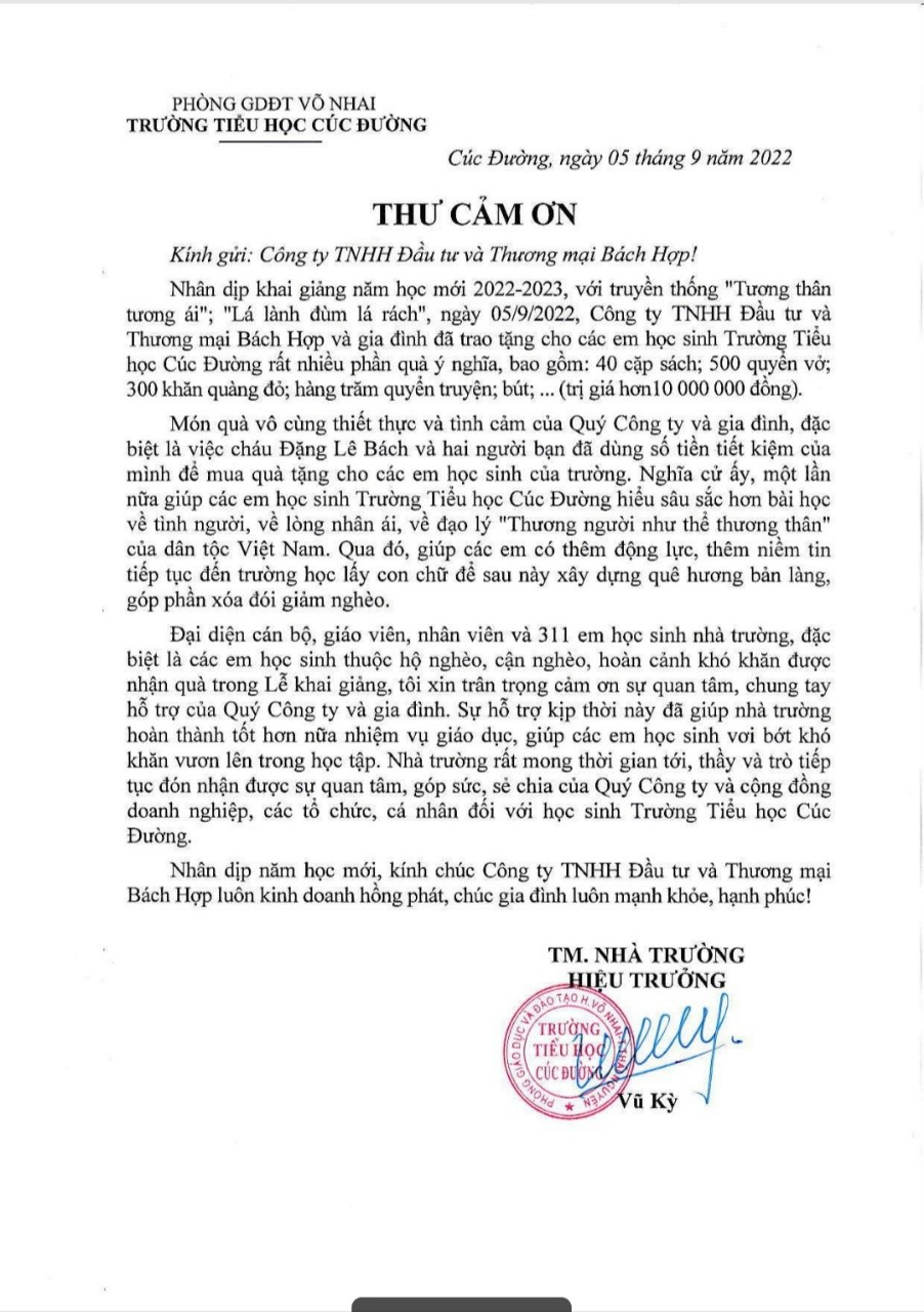 Thư cảm ơn của Trường Cúc Đường gửi tới Thép Bách Hợp